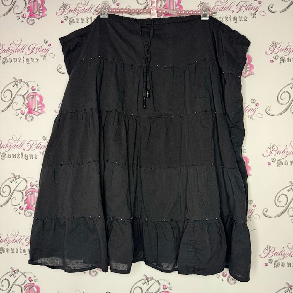 Stream skirt beaded embroidered ruffle tiered black tassle beaded waist tie boho